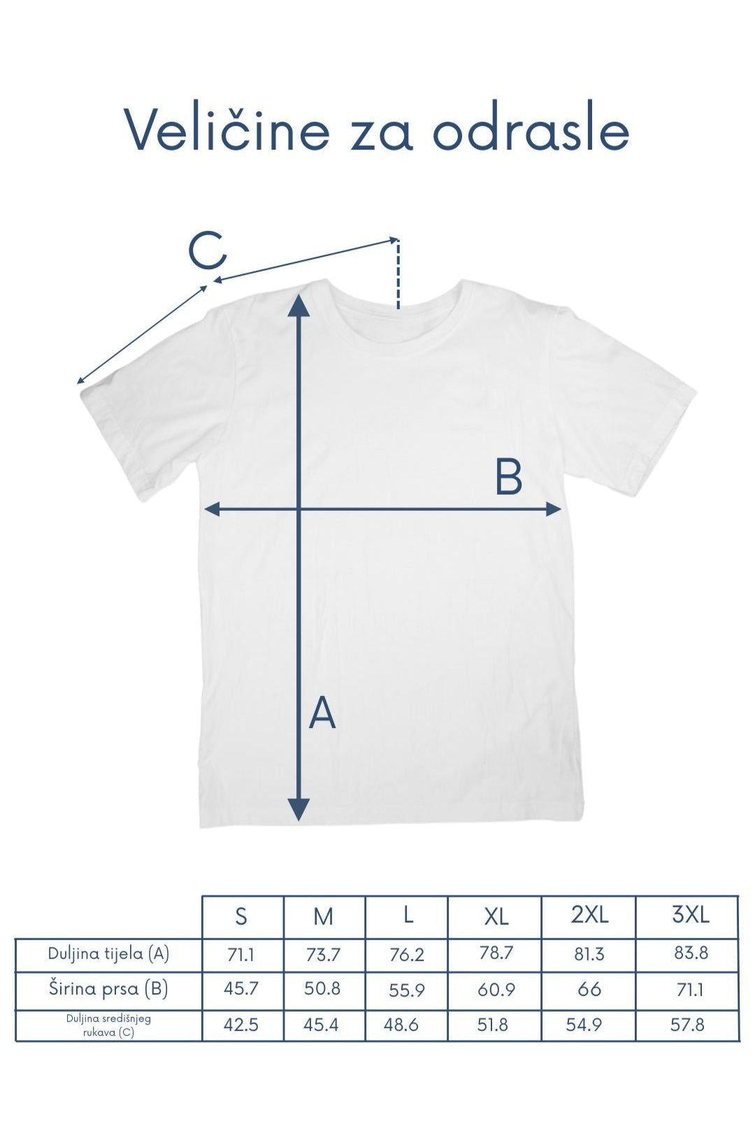 Measurement chart for adult-sized t-shirts with dimensions and size chart on a white background.